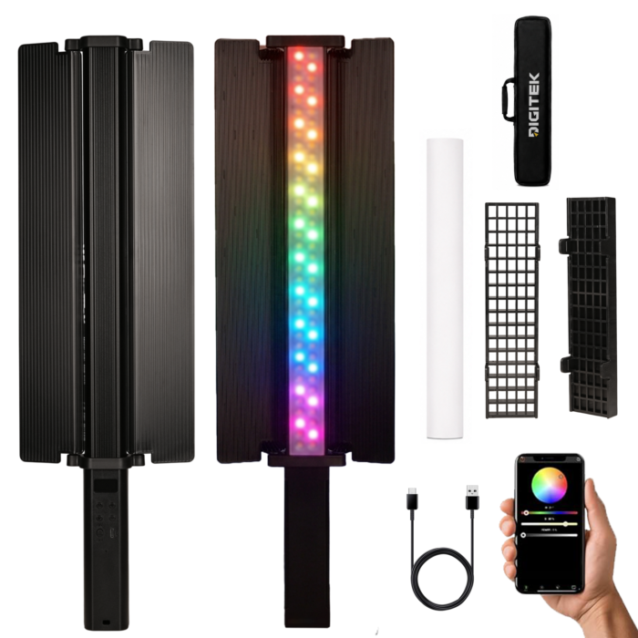 Digitek (DSL 30W RGB) Portable Handheld RGB LED Light Wand with Grid, Diffuser & Barn Door Comes with a 5200mAh Built in Battery Pack.